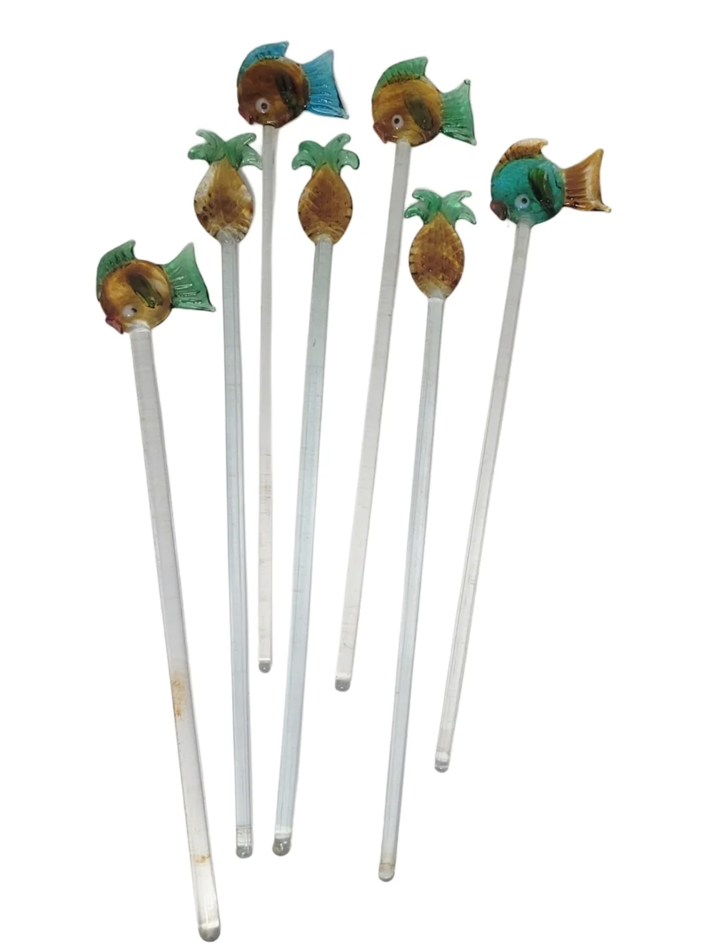 Vintage Tropical Handblown Glass Fish & Pinapple Cocktail Swizzle Stirrers